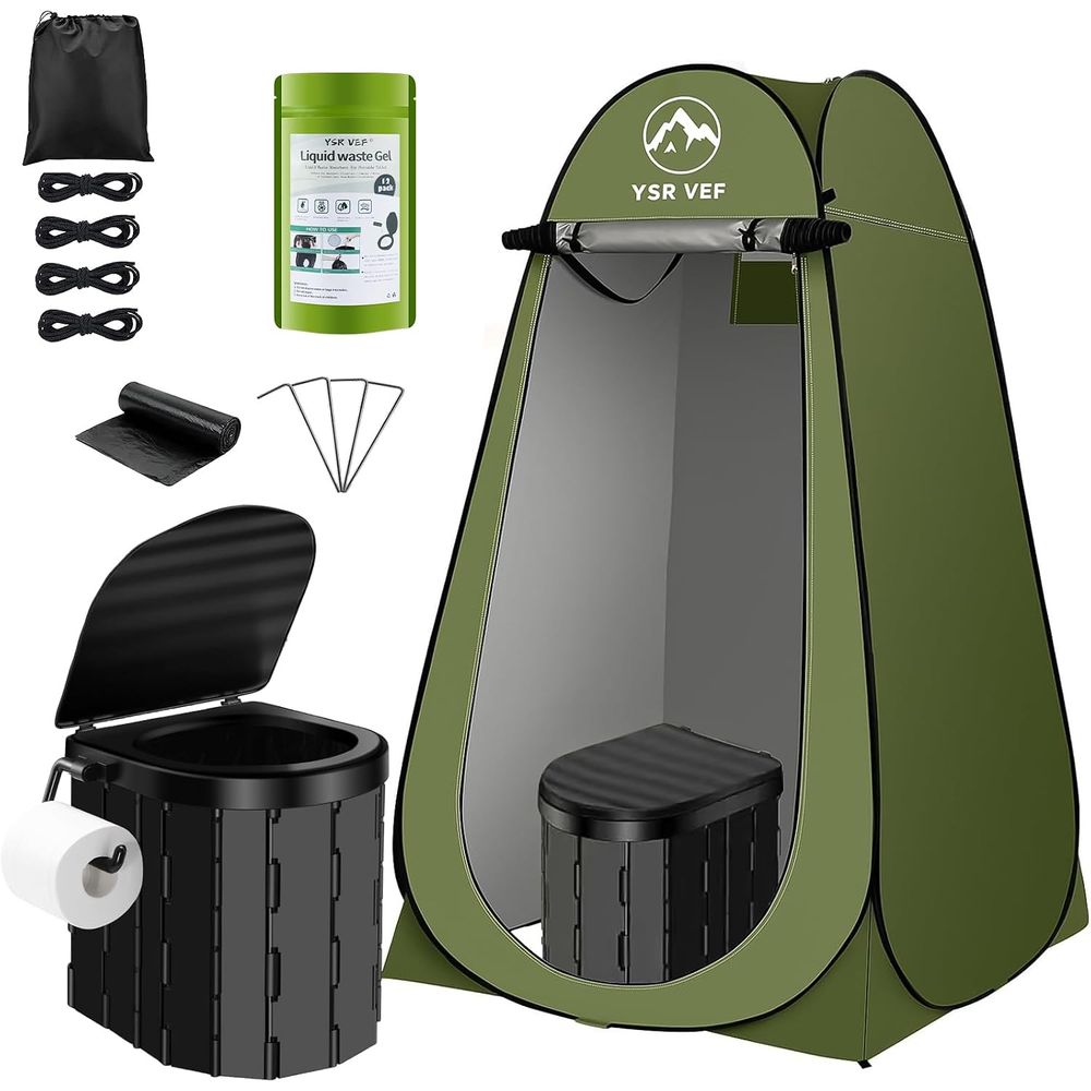 Outdoor Camping Kit - ชุดห้องน้ำพกพา, ห้องน้ำสำหรับตั้งแคมป์พร้อมเต็นท์ปิดแบบพับได้และถุงเจลสำหรับขับถ่าย, ฝักบัวอาบน้ำกลางแจ้งแบบพกพาที่ล้างทำความสะอาดได้
