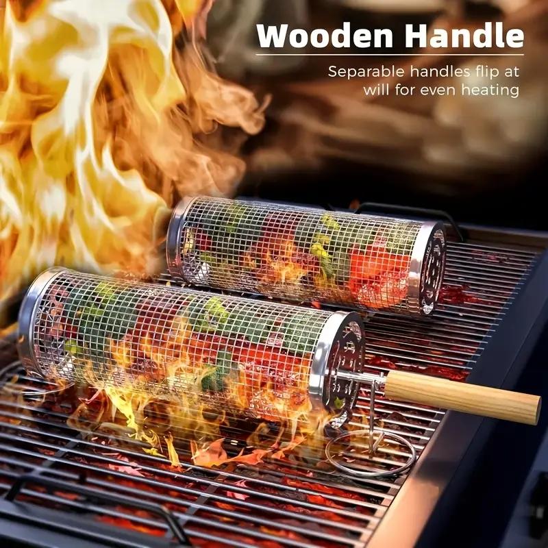Outdoor Camping Bbq - ตะแกรงย่างบาร์บีคิวสแตนเลสทรงกระบอกกลม ตะแกรงลวดหมุนได้สำหรับเนื้อสัตว์ ผัก ปลา สำหรับตั้งแคมป์ปิกนิกกลางแจ้ง
