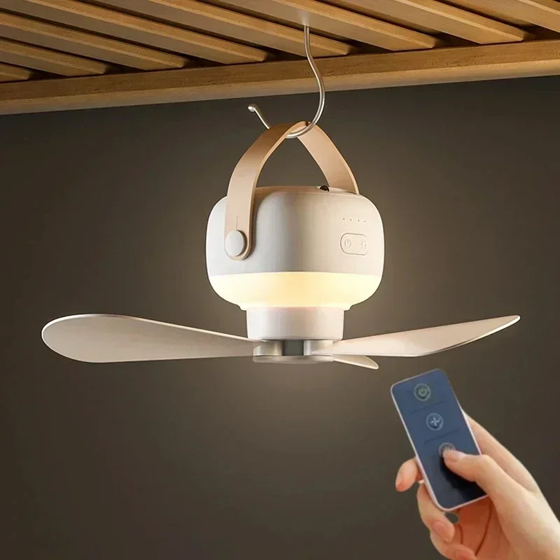 Outdoor Camping Ideas - พัดลมเพดานไร้สายขนาดเล็กแบบพกพา พร้อมไฟ USB รีโมทคอนโทรล ใช้เป็นโคมไฟตั้งโต๊ะ ไฟกลางคืน