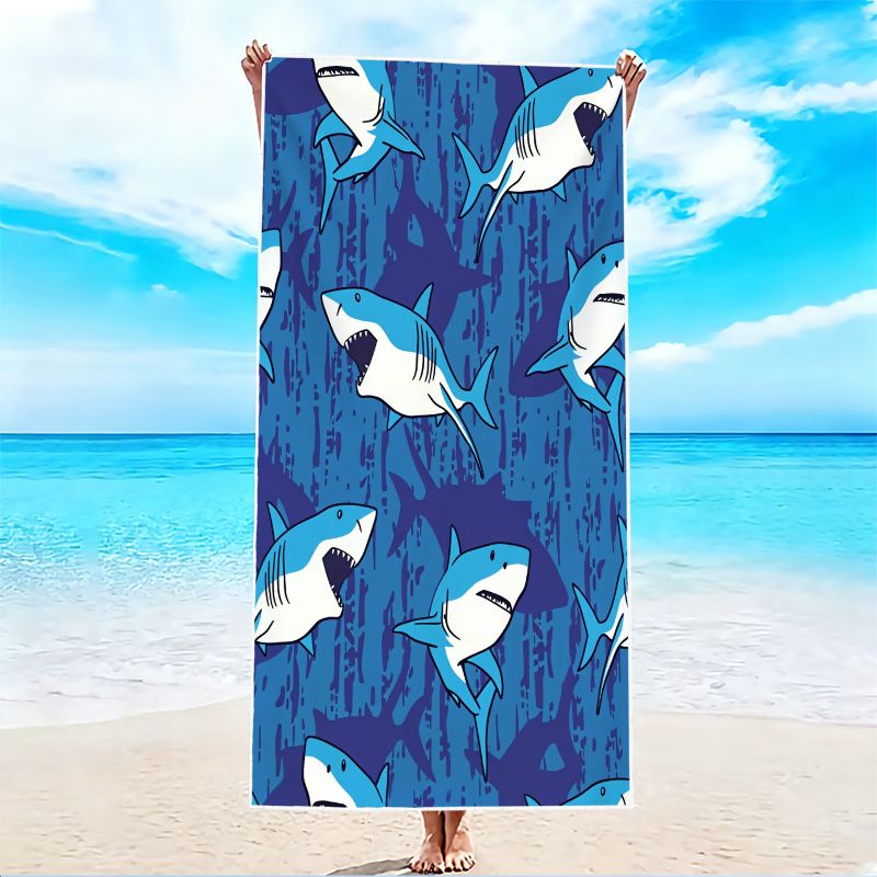 Camp Towel Microfiber - 1 ชิ้น, ผ้าขนหนูชายหาดพิมพ์ลายฉลาม, ผ้าขนหนูชายหาดน้ำหนักเบาดูดซับได้ดี - ผ้าขนหนูแห้งเร็วไร้ทราย,